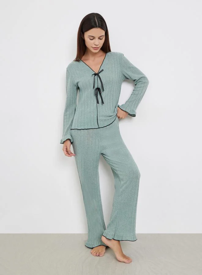 Styli Texture Ruffled Detail T-Shirt and Long Pyjama Set