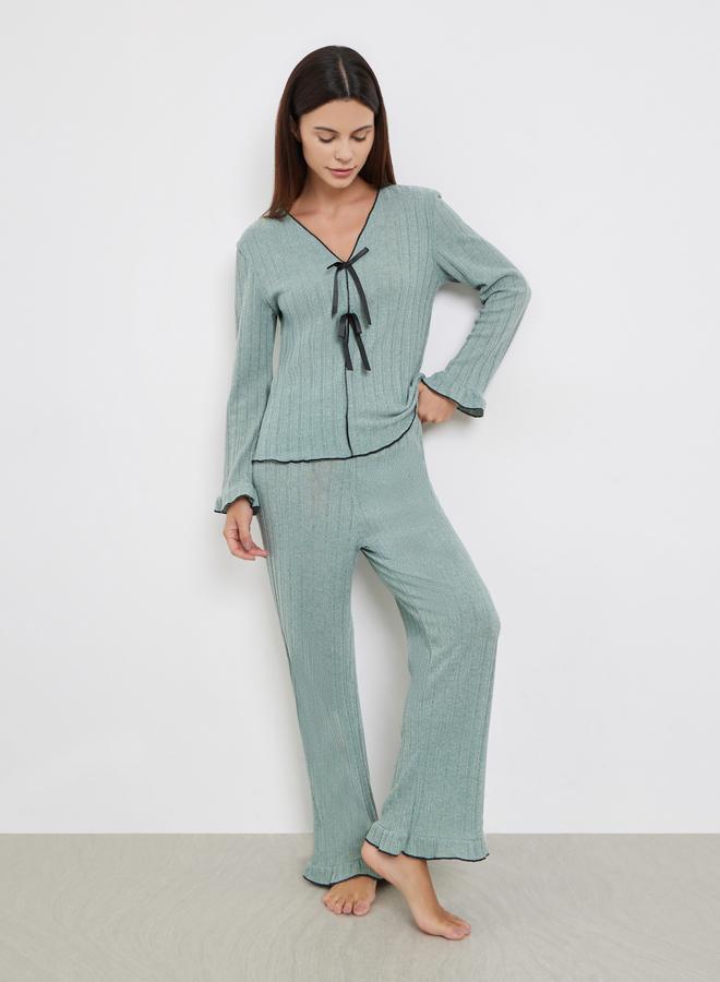 Styli Texture Ruffled Detail T-Shirt and Long Pyjama Set - Image 1