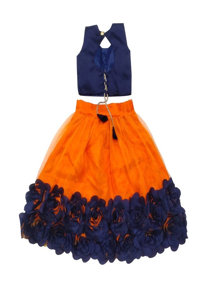SR CREATION Girl's Heavy Bright Net & Ribbon Embroidery Readymade Lehenga Choli & Dupatta Set (Orange 5-6 YEARS) - Image 2