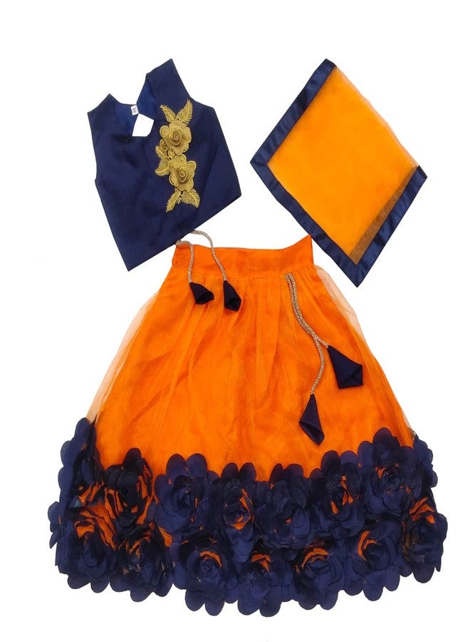 SR CREATION Girl's Heavy Bright Net & Ribbon Embroidery Readymade Lehenga Choli & Dupatta Set (Orange 5-6 YEARS) - Image 1