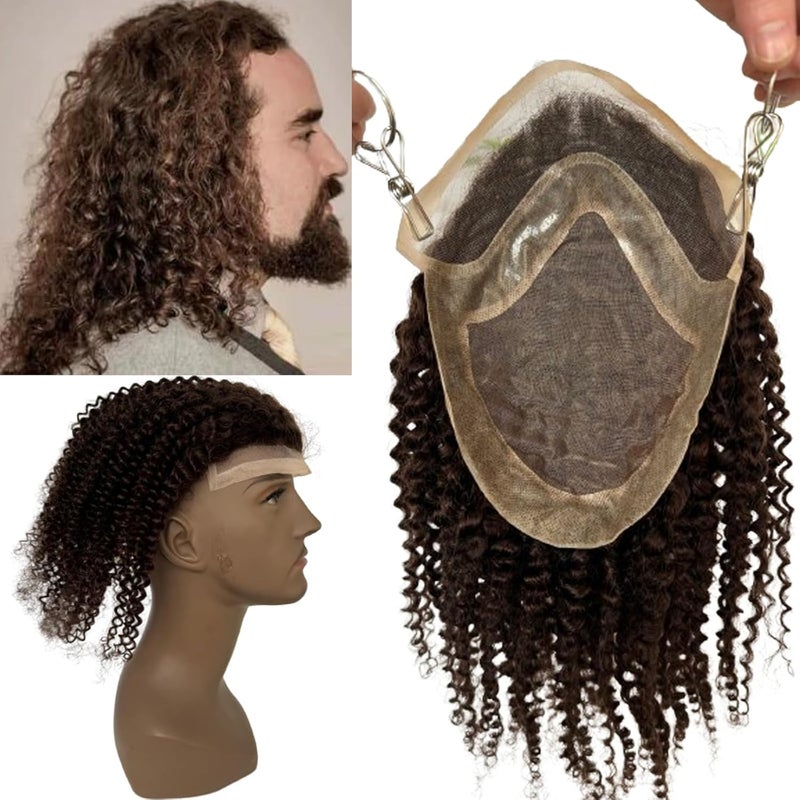 12 Long Kinky Curly Human Hair Replacement for Men Stock Toupee Mono Lace and PU Around with Swiss Lace Front 10x8 3 Dark Brown Bolor