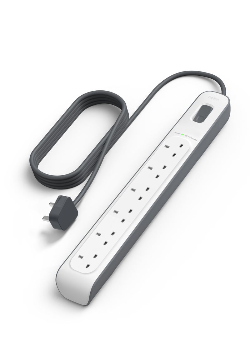 belkin 6 Way/6 Plug Surge Protection Strip With 2 Meters Cord Length - Heavy Duty Electrical Extension Socket White - Image 1