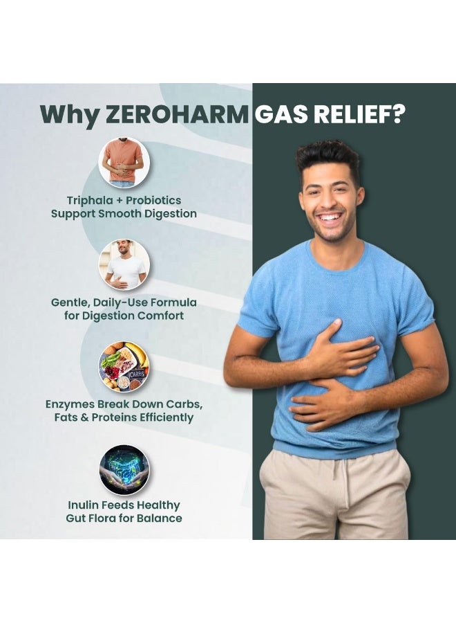 zeroharm كبسولات ZEROHARM لتخفيف الغازات | مزيج أيورفيدي يجمع بين البريبايوتك والبروبيوتك وإنزيمات هاضمة مع "تريفالا" (أملج، هاريتاكي، بيبهيتاكي) | تعزز الهضم وتخفف الانتفاخ والغازات والحموضة | للرجال والنساء | 60 كبسولة - Image 3