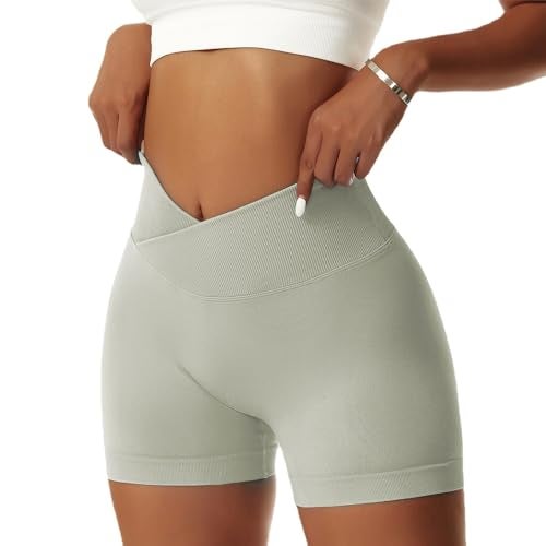 Vertvie Women's Workout Gym Shorts Booty V Cross Spandex Yoga Biker Shorts Scrunch Butt High Waisted Athletic Leggings (Grey Green,Medium) - Image 1