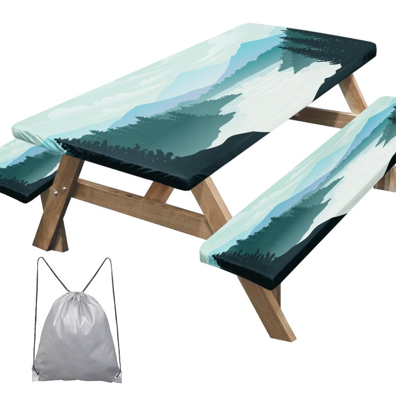 Nesphy Mountains Green Picnic Table Cover 3 Piece Set with Bench Covers Lake Tree Camping Essentials Waterproof - Image 1
