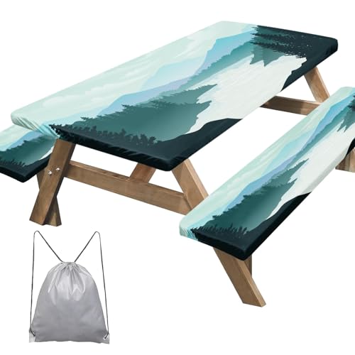 Nesphy Mountains Green Picnic Table Cover 3 Piece Set with Bench Covers Lake Tree Camping Essentials Waterproof - Image 2