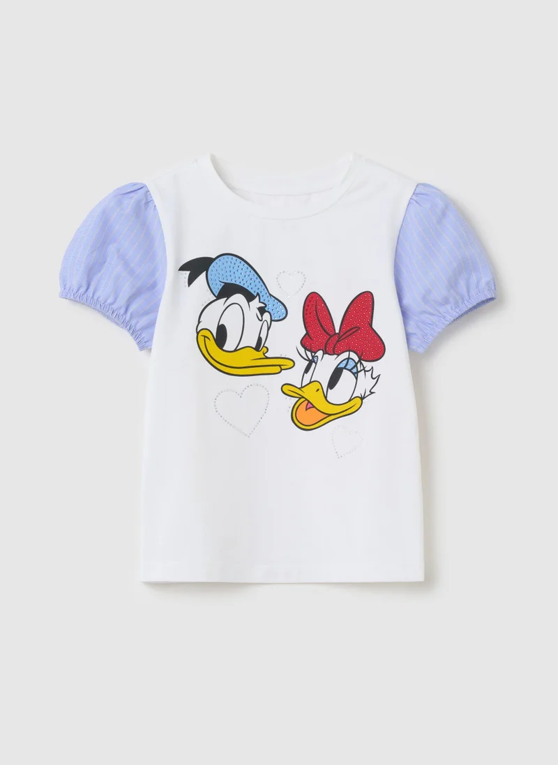 او في اس T-Shirt With Striped Sleeves And Donald And Daisy Duck Print