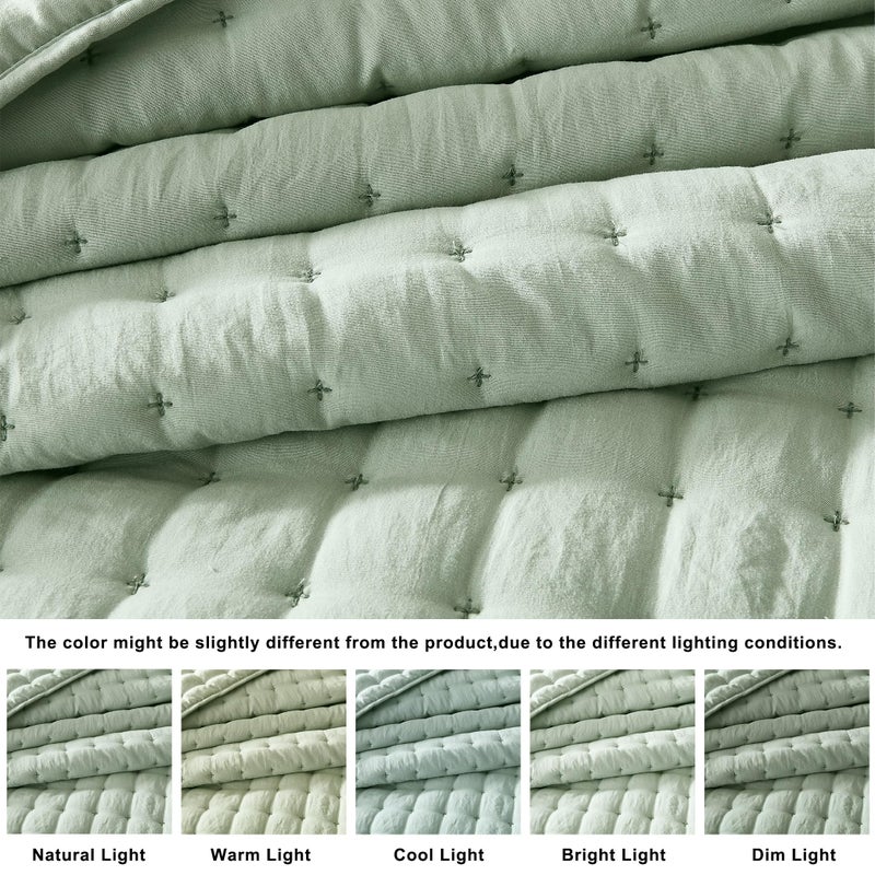 WDCOZY Sage Green King Size Quilt Bedding Sets with 2 Pillow Shams, Lightweight Soft Bedspread Coverlet, Quilted Blanket Thin Comforter Bed Cover for All Season, 3 Pieces, 104x90 inches - Image 2