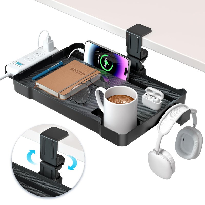KDD Under Desk Organizer - 360Â° Rotating Clamp-On Tray with Headphone Hook, Phone & Tablet Holder, Cup Holder, and Cable Management - No Drilling Desk Storage Accessories for Office and Home - Image 1