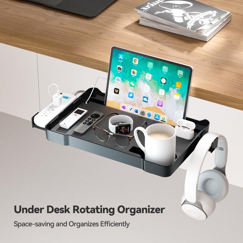 KDD Under Desk Organizer - 360Â° Rotating Clamp-On Tray with Headphone Hook, Phone & Tablet Holder, Cup Holder, and Cable Management - No Drilling Desk Storage Accessories for Office and Home - Image 2
