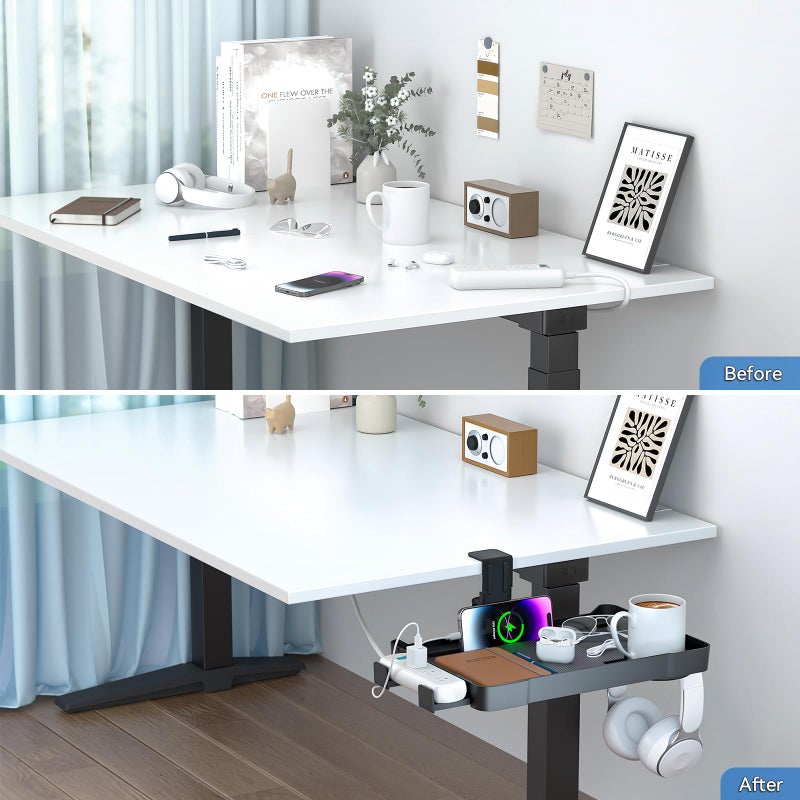 KDD Under Desk Organizer - 360Â° Rotating Clamp-On Tray with Headphone Hook, Phone & Tablet Holder, Cup Holder, and Cable Management - No Drilling Desk Storage Accessories for Office and Home - Image 5