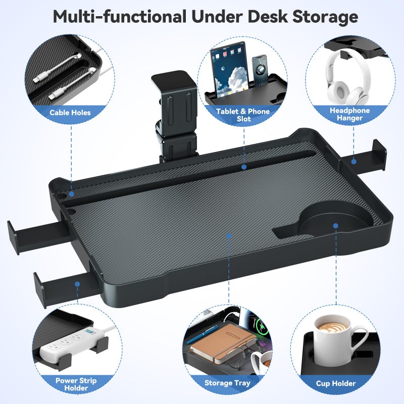 KDD Under Desk Organizer - 360Â° Rotating Clamp-On Tray with Headphone Hook, Phone & Tablet Holder, Cup Holder, and Cable Management - No Drilling Desk Storage Accessories for Office and Home - Image 3