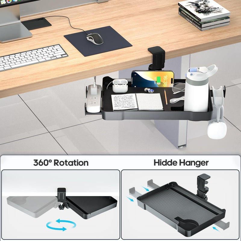 KDD Under Desk Organizer - 360Â° Rotating Clamp-On Tray with Headphone Hook, Phone & Tablet Holder, Cup Holder, and Cable Management - No Drilling Desk Storage Accessories for Office and Home - Image 4