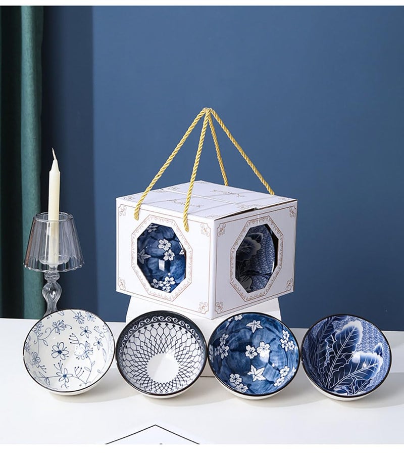 P-PLUS INTERNATIONAL Chinese Bowl, Ramen Bowl, Dinner Bowl, Snack Bowl, Soup Bowl Set, Cute Bowl, Ceramic Pasta Bowl, Ceramic Salad Bowl, Japanese Bowl Microwave Oven Bowl (Set of 4, Random Pattern) - Image 1