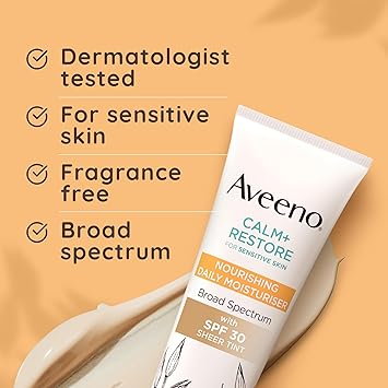 Aveeno أفينو كالم ريستور مرطب يومي مغذي 1 × 50 مل خالي من العطور مع واقي شمس SPF 30 واسع الطيف مع الشوفان المهدئ 100 مرشحات UV المعدنية للبشرة العادية إلى الجافة - Image 4
