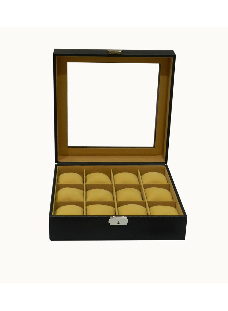 LAVERI LEATHER صندوق ساعات لافيري للرجال والنساء (12 فتحة) ، صندوق عرض ساعات من جلد PU الفاخر مع غطاء زجاجي كريستالي ، وسادة قابلة للإزالة - Image 1