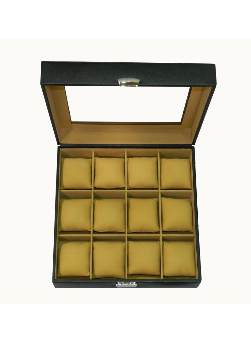 LAVERI LEATHER صندوق ساعات لافيري للرجال والنساء (12 فتحة) ، صندوق عرض ساعات من جلد PU الفاخر مع غطاء زجاجي كريستالي ، وسادة قابلة للإزالة - Image 2