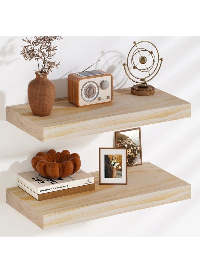 Fun Memories Floating Shelves, 9.3'' Deep Solid Pine Wood Wall Shelves for Storage, Wall Mounted Display Shelves with Invisible Heavy-Duty Metal Bracket, 24'' Width Set of 2, Unfinished - DIY Stain - Image 1