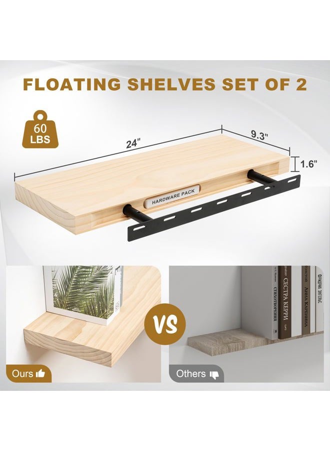 Fun Memories Floating Shelves, 9.3'' Deep Solid Pine Wood Wall Shelves for Storage, Wall Mounted Display Shelves with Invisible Heavy-Duty Metal Bracket, 24'' Width Set of 2, Unfinished - DIY Stain - Image 3