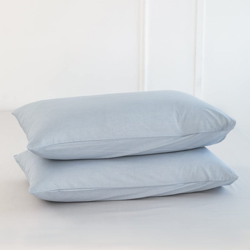 MooMee Bedding Pillowcases Pack of 2 100% Washed Cotton Linen Like Textured Breathable Durable Soft Comfy (Cornflower Blue  King) - Image 1