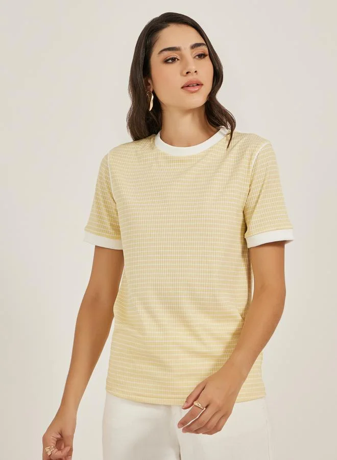 Styli Ribbed Striped Regular Fit Round Neck T-Shirt