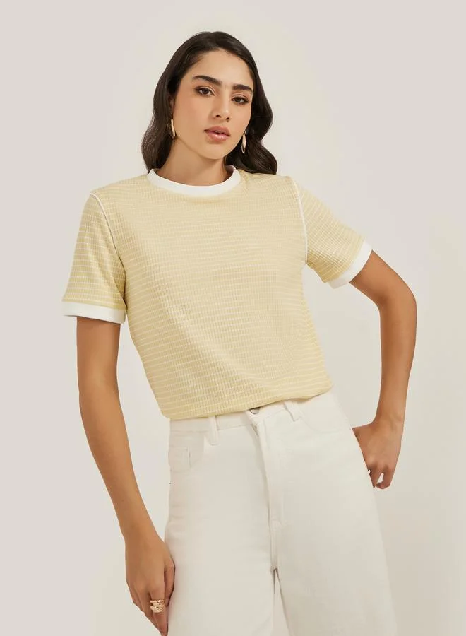 Styli Styli Ribbed Striped Regular Fit Round Neck T-Shirt