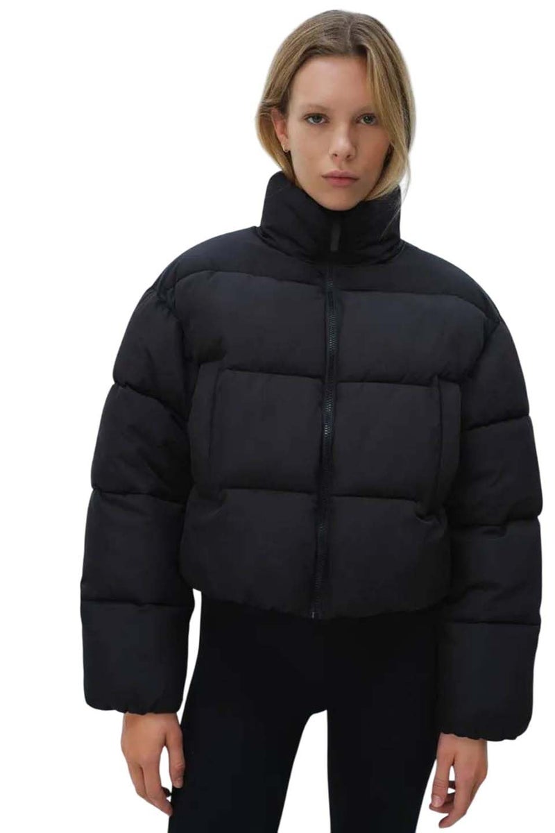 KOTTY Women's Solid Long Sleeve Jet Black Zipper Puffer Jacket (Black,S)-KTTFKPUFFERJACKET152S - Image 1