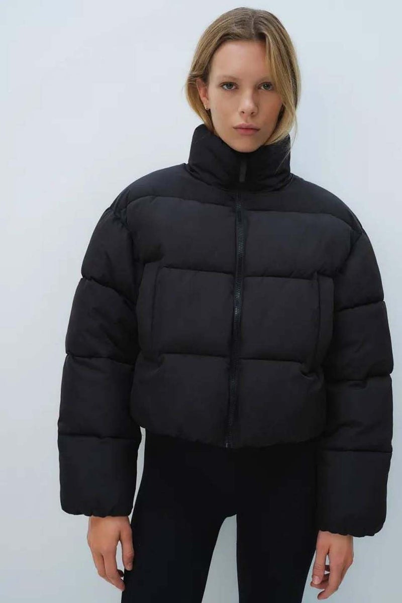 KOTTY Women's Solid Long Sleeve Jet Black Zipper Puffer Jacket (Black,S)-KTTFKPUFFERJACKET152S - Image 2