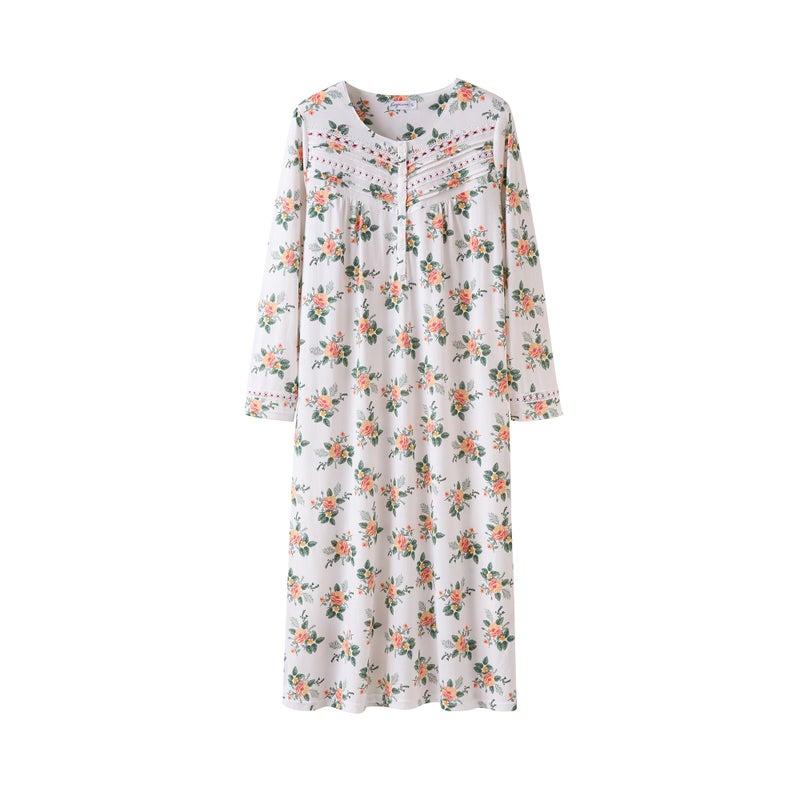 Keyocean Women Nightgowns, Soft Cotton Comfortable Long Sleeves Ladies Nightdress Sleeping Gown, Pink Flower, XX-Large (XXL) - Image 1