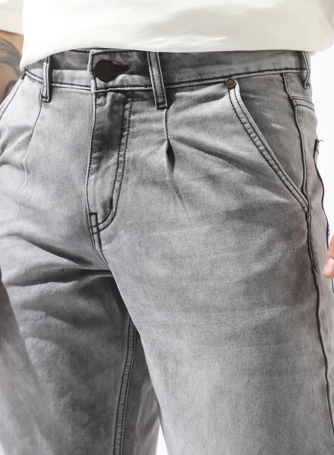 Hubberholme Men's Grey 100% Polyester Solid Pattern Full Length Pleat Front Relaxed Jeans