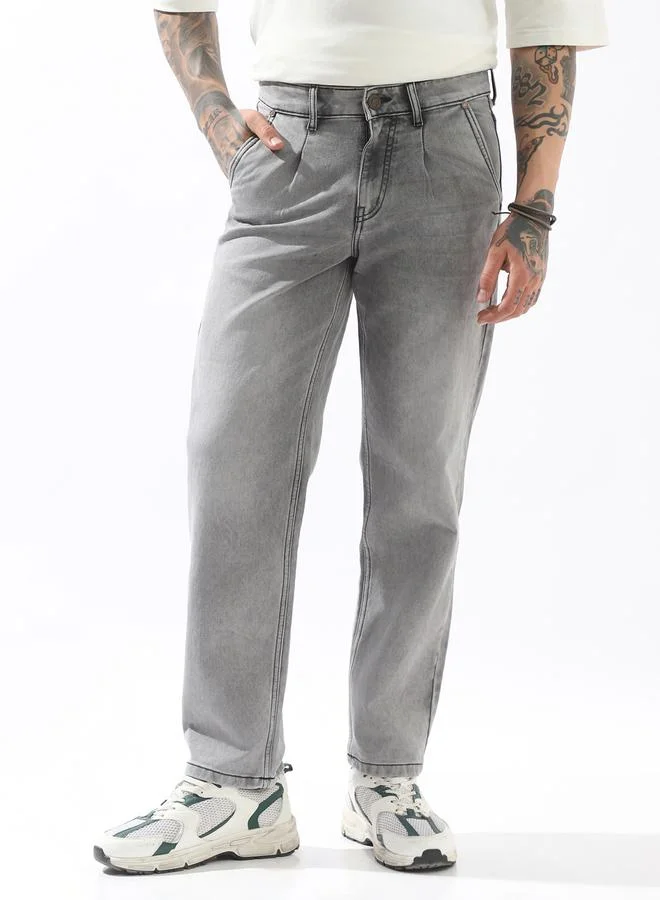 Hubberholme Men's Grey 100% Polyester Solid Pattern Full Length Pleat Front Relaxed Jeans