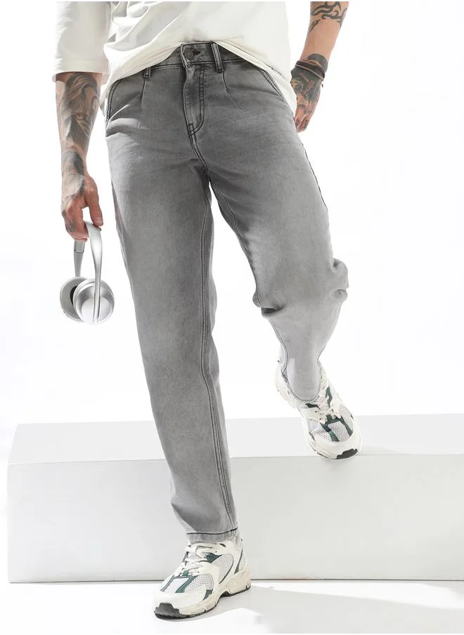 هوبرهولمي Grey Jeans Plain Button Woven Full Pleat Front Mid-rise for Men – Style that defines you