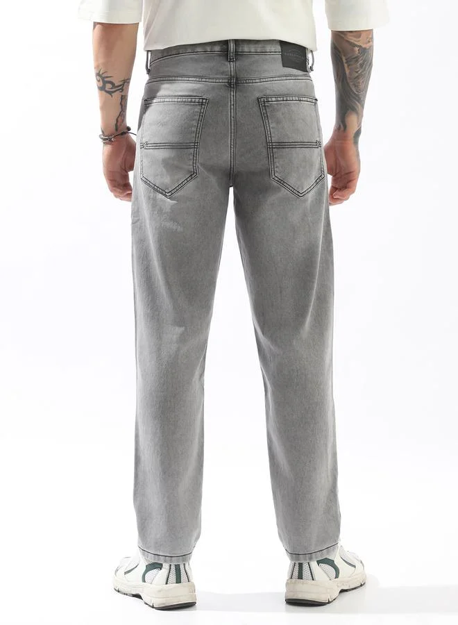 Hubberholme Men's Grey 100% Polyester Solid Pattern Full Length Pleat Front Relaxed Jeans