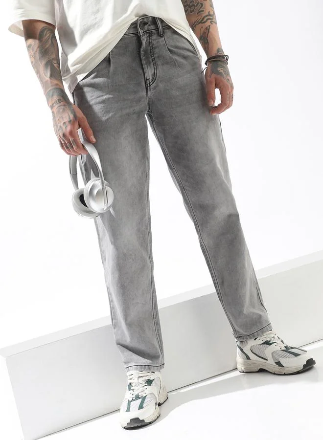 Hubberholme Men's Grey 100% Polyester Solid Pattern Full Length Pleat Front Relaxed Jeans