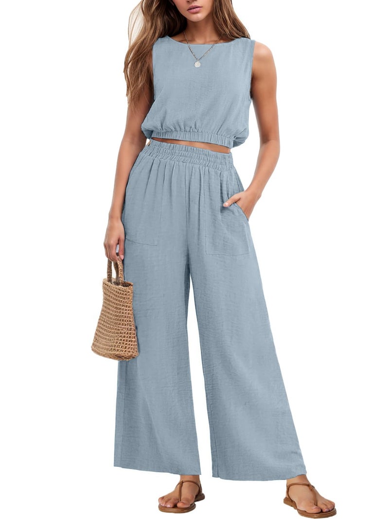 GRECERELLE 2 Piece Sets for Women Summer Sleeveless Crop Top Wide Leg Pants Resort Wear for Women 2026 Haze blue-M