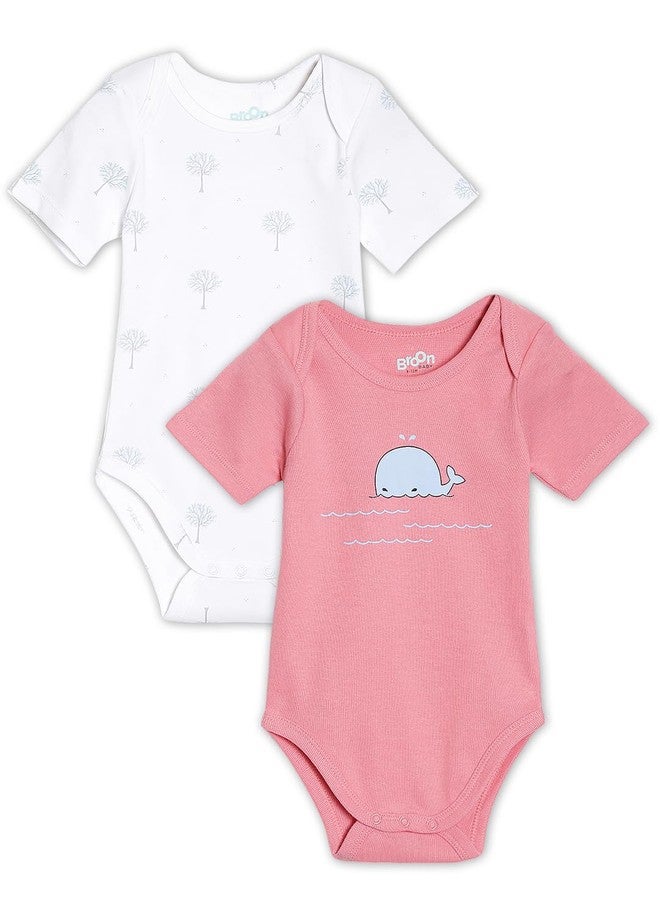 Broon Boys & Girls White and Fuchsia Printed Rompers | Premium Organic Cotton | Short Sleeves with Print and Embroidery | Infant Wear | Chemical Free | Pack of 2 - Image 1