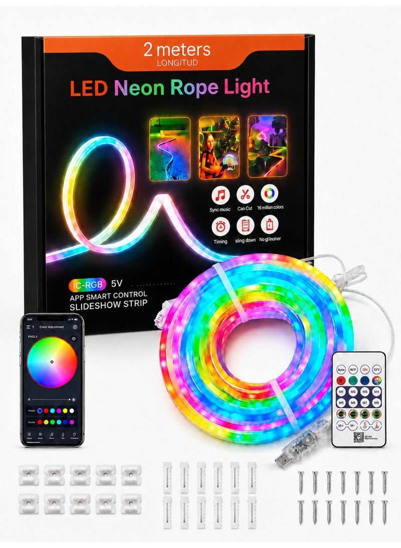 2M RGB LED Neon Rope Light, 5V USB Powered Flexible Silicone Neon Light with Bluetooth App, 24-Key Remote and Inline Control, Music Sync, Timer, IP68 Waterproof Light Body for TV Backlight, Gaming Desk, Bedroom and Decor - Image 1