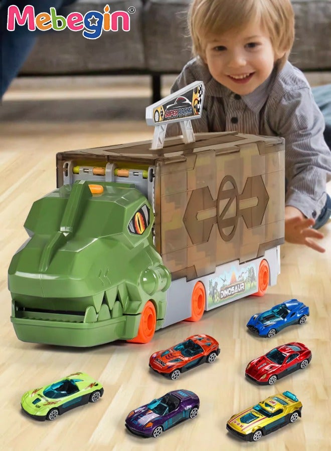 ميبيجين ألعاب الشاحنات الحاملة، عربة تخزين الديناصورات ذات المسار القابل للطي، عربة تخزين متعددة الوظائف قابلة للطي مع 6 سيارات منزلقة وملحقات غنية، عربة ديناصور ذات مسار قابل للطي، هدية مثالية للأطفال من عمر 3 سنوات فأكثر - Image 1