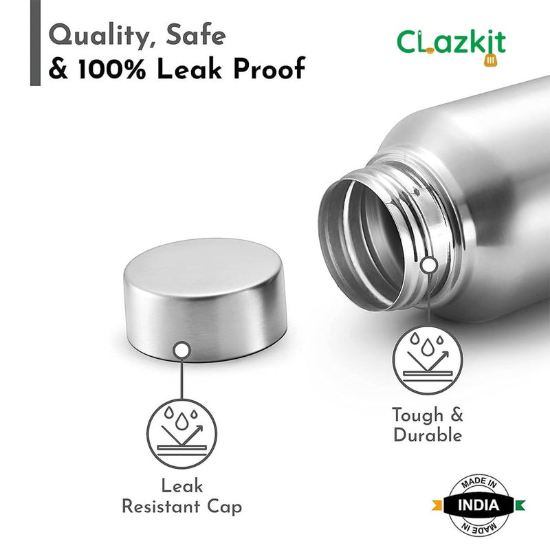 Clazkit Stainless Steel Water Bottle, 1000 ml - Single-Walled, Spill-Proof, Food Grade Steel | Fridge, Office, School, Travel, Gym, Car - Set of 3 (Silver) - Image 3
