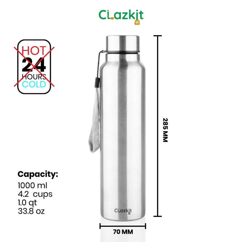 Clazkit Stainless Steel Water Bottle, 1000 ml - Single-Walled, Spill-Proof, Food Grade Steel | Fridge, Office, School, Travel, Gym, Car - Set of 3 (Silver) - Image 4