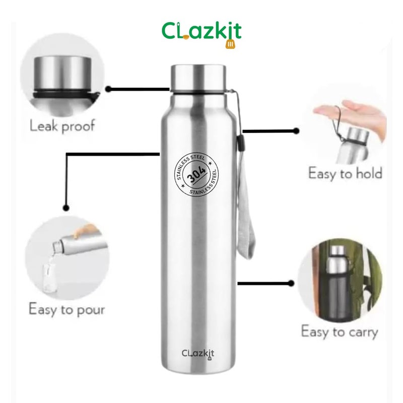 Clazkit Stainless Steel Water Bottle, 1000 ml - Single-Walled, Spill-Proof, Food Grade Steel | Fridge, Office, School, Travel, Gym, Car - Set of 3 (Silver) - Image 5