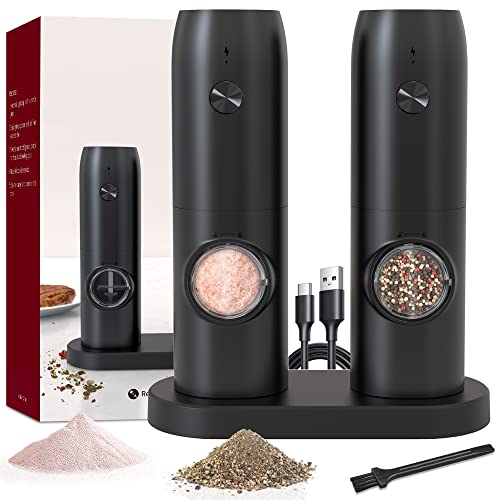 Jeadiuwe Electric Salt and Pepper Grinder Set of 2, Automatic Pepper Mill,USB Rechargeable, Adjustable Coarseness, One-handed Operation, Ceramic Burr, Refillable, Auto Grinders with Charging Base LED Light - Image 1