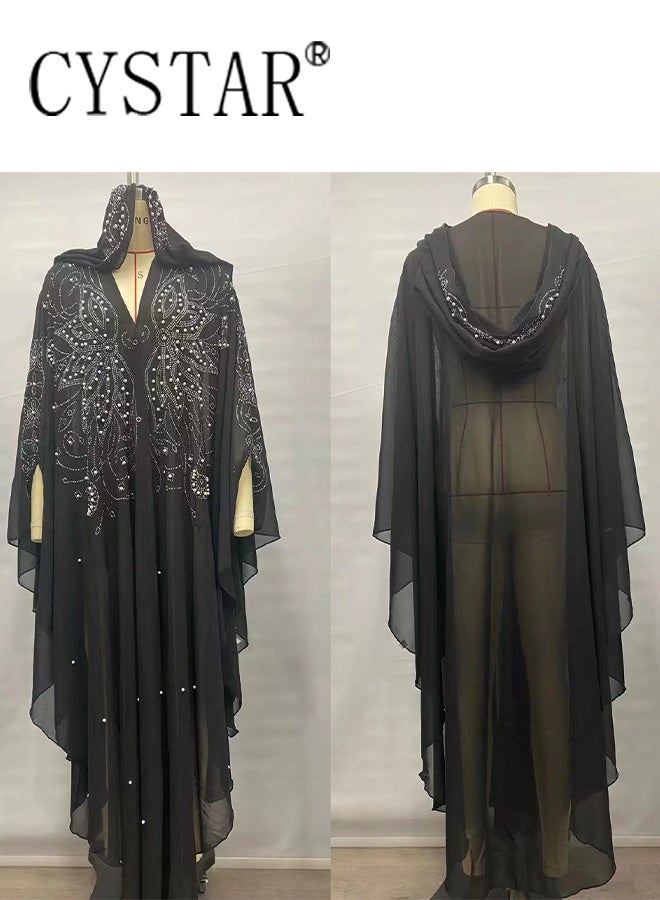 سيستار فستان بأكمام خفاش، رداء دبي بغطاء رأس وشال مرصع بالخرز الماسي الساخن - Image 2
