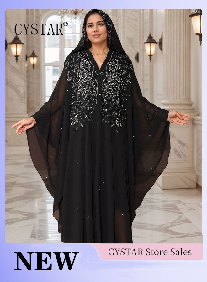 سيستار فستان بأكمام خفاش، رداء دبي بغطاء رأس وشال مرصع بالخرز الماسي الساخن - Image 1