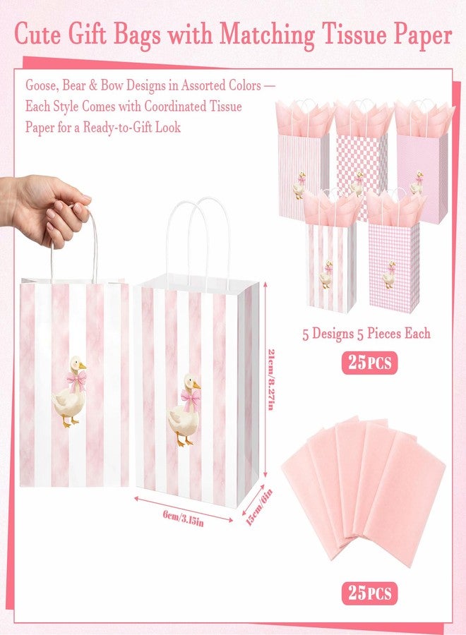 Engrowtic 25 Pcs Pink Silly Goose Bags with Handles Goose Themed Gift Goodie Kraft Paper Bags Coquette Party Favors for Wedding Birthday Bridal Shower Baby Shower Supplies - Image 2