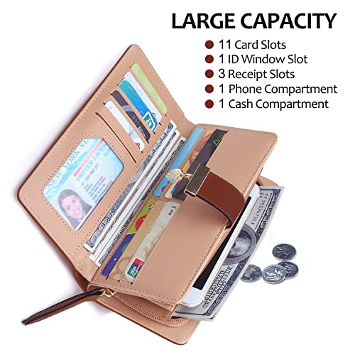 VODIU Wallet Women Long Leaf Bifold Leather Wallets for Women Card Coin Holder Purses Cute Zipper Buckle Clutch Wallet (Brown) - Image 2