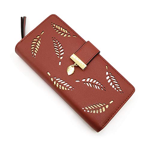 VODIU Wallet Women Long Leaf Bifold Leather Wallets for Women Card Coin Holder Purses Cute Zipper Buckle Clutch Wallet (Brown) - Image 1