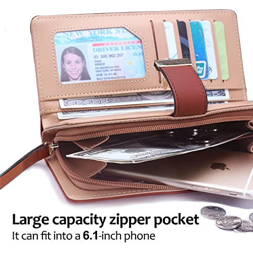 VODIU Wallet Women Long Leaf Bifold Leather Wallets for Women Card Coin Holder Purses Cute Zipper Buckle Clutch Wallet (Brown) - Image 3