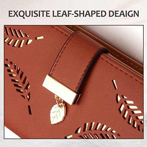 VODIU Wallet Women Long Leaf Bifold Leather Wallets for Women Card Coin Holder Purses Cute Zipper Buckle Clutch Wallet (Brown) - Image 5