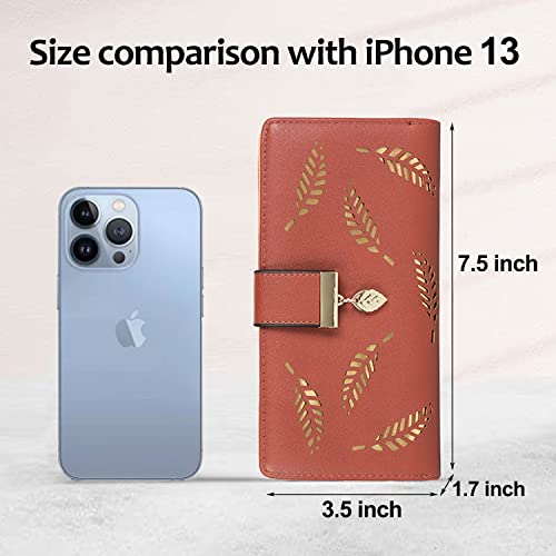 VODIU Wallet Women Long Leaf Bifold Leather Wallets for Women Card Coin Holder Purses Cute Zipper Buckle Clutch Wallet (Brown) - Image 4